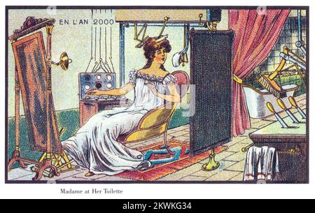 Madame at her Toilette from the series France En L'an 2000 France in the Year 2000 (XXI century) a series of futuristic pictures by Jean-Marc Côté and other artists issued in France in 1899, 1900, 1901 and 1910. Originally in the form of paper cards enclosed in cigarette/cigar boxes and, later, as postcards, the images depicted the world as it was imagined to be like in the year 2000. Stock Photo