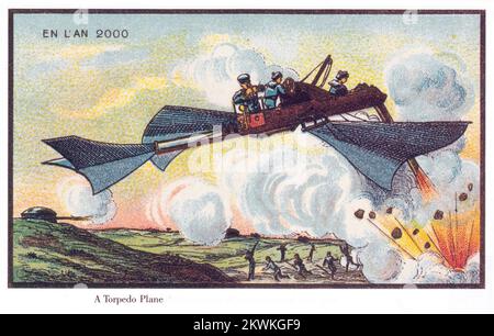 Torpedo Plane from the series France En L'an 2000 France in the Year 2000 (XXI century) a series of futuristic pictures by Jean-Marc Côté and other artists issued in France in 1899, 1900, 1901 and 1910. Originally in the form of paper cards enclosed in cigarette/cigar boxes and, later, as postcards, the images depicted the world as it was imagined to be like in the year 2000. Stock Photo
