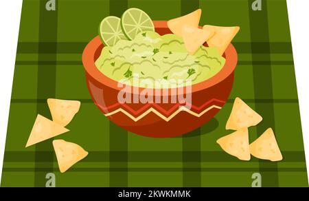 Guacamole. Traditional Mexican food - sauce guacamole with nachos and lime slices. Vector illustration. Colorful Latin American national dish in flat Stock Vector