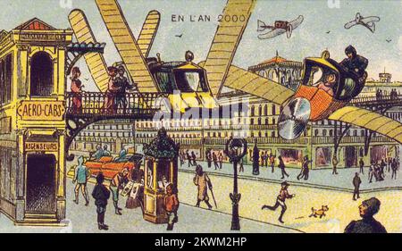 Aero-Cab Station from the series France En L'an 2000 France in the Year 2000 (XXI century) a series of futuristic pictures by Jean-Marc Côté and other artists issued in France in 1899, 1900, 1901 and 1910. Originally in the form of paper cards enclosed in cigarette/cigar boxes and, later, as postcards, the images depicted the world as it was imagined to be like in the year 2000. Stock Photo