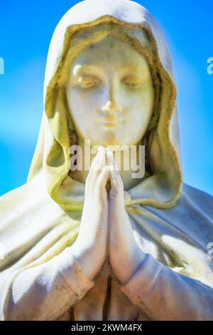 Faithfull Virgin Mary with praying hands and blessing, looking at the sky Stock Photo