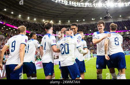 Doha, Qatar. 29th Nov, 2022.  Goal celebration Harry Kane (England), Marcus Rashford (England), Declan Rice (England),  Phil Foden (England),  Luke Sh Stock Photo