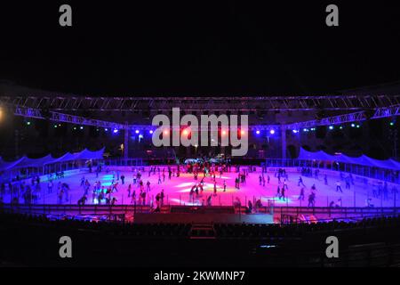 Hockey fans and residents of city Pula ce skate on hockey filed after an end of second day of Arena Ice Fever MMXII in roman amphitheatre on 15. september 2012.  Organizers are ensure 500 skates for everyone who wants ice skate   Photo: Dusko Marusic/PIXSELL  Stock Photo