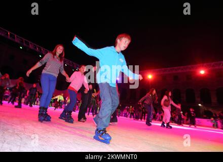 Hockey fans and residents of city Pula  ice skate on hockey filed after an end of second day of Arena Ice Fever MMXII in roman amphitheatre on 15. september 2012.  Organizers are ensure 500 skates everyone who wants ice skate  Photo: Zeljko Lukunic/PIXSELL Stock Photo