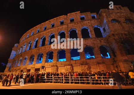 Hockey fans and residents of city Pula ce skate on hockey filed after an end of second day of Arena Ice Fever MMXII in roman amphitheatre on 15. september 2012.  Organizers are ensure 500 skates for everyone who wants ice skate   Photo: Dusko Marusic/PIXSELL  Stock Photo