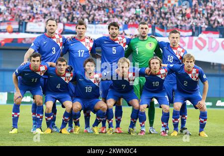 The Serbian team during the 2014 World Cup qualifier between Croatia and Serbia at Maksmir Stadium in Croatia. Stock Photo