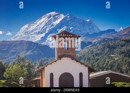 Huascaran Mountain and Yungay in Cordillera Blanca, snowcapped Andes, Ancash, Peru Stock Photo