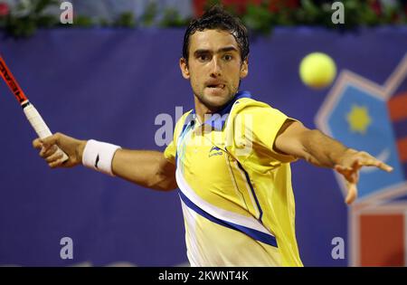 FILE PHOTO Croatian tennis player Marin Cilic has been suspended from playing for nine months for breaking doping laws. The International Tennis Federation (ITF) says the suspension will be back-dated to May 1 so he will be able to return to the tennis circuit on January 31 2014. Cilic tested positive for nikethamide, a stimulant that affects the user's respiratory cycle, in Munich.   31.07.2011., Stella Maris, Umag, Croatia - 22. ATP Studena Croatia Open, Marin Cilic (CRO) - Alexandr Dolgopolov (UKR). Marin Cilic. Photo: Sanjin Strukic/PIXSELL Stock Photo