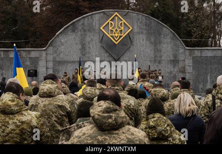 Lviv, Ukraine, Ukraine. 29th Nov, 2022. Oleg Bervetskyi, 39, was killed on November 21, 2022, in combat after a recent visit home for his birthday. His wife, Natalia, and two children said goodbye surrounded by family and friends while air alarms sounded out. He was buried alongside Maksym-Mykhailo Vrubel at Lychakiv cemetery after a service at the Garrison Church of Saints Apostles Peter and Paul in Lviv, Ukraine on November 29, 2022. (Credit Image: © Svet Jacqueline/ZUMA Press Wire) Stock Photo