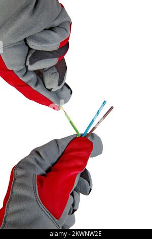 Hands in protective gloves and electric cable isolated on white background Stock Photo