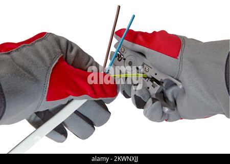 An electrician removes insulation from a three-core copper wire with a stripper cutter Stock Photo
