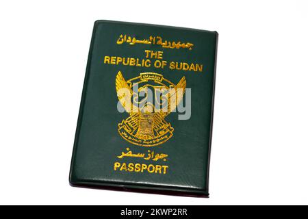 The Republic of Sudan passport with a gilded falcon in the center of the front cover, selective focus of Sudanese passport identity of North Sudan use Stock Photo