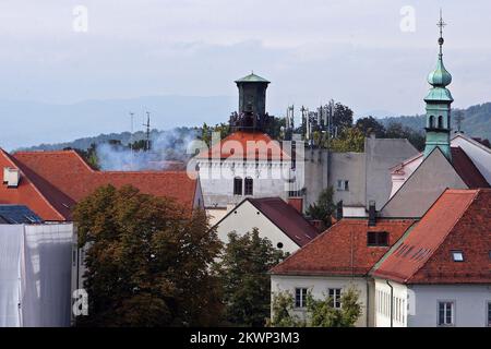 12.10.2013., Zagreb, Croatia - Panoramic view of Zagreb from one of the cathedral towers. Lotrscak tower on Upper town Photo: Grgur Zucko/PIXSELL  Stock Photo