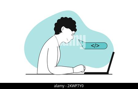 Man programming application at laptop vector illustration concept. Web software development and business technology. Website developer and coding app Stock Vector