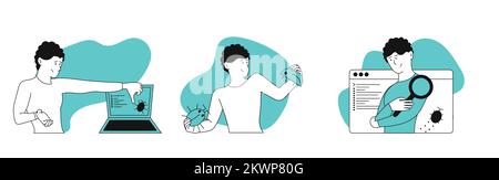 Man found a bug in the code vector concept illustration. Male application tester and platform security configure. Compatibility software and system pr Stock Vector