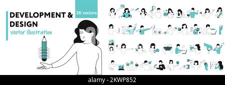 Design and development concept vector illustrations. Set of people and business developer work banner. Designer job and marketing organization workpla Stock Vector