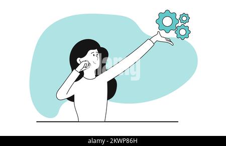 Woman with gear vector concept illustration. Development business and management work process. Strategy developer and human project cogwheel. Success Stock Vector