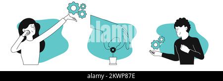 Startup project development vector illustration concept. Business innovation and finance marketing launch. Process start success product and visualiza Stock Vector