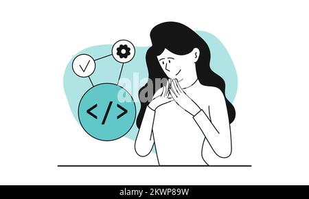 Woman developer and development source code vector illustration concept. Business programming and application engineer project. Backend working and sm Stock Vector