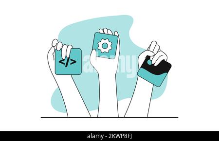 Development team vector illustration concept. Business development and software programming. Application process coding and communication teamwork. Gr Stock Vector