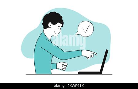 Man searching for answer on the Internet vector concept illustration. Business online information and question solution. Faq and support communication Stock Vector