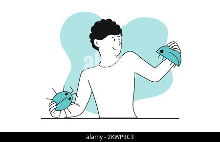 Man found a bug in the code vector concept illustration. Male application tester and platform security configure. Compatibility software and system pr Stock Vector