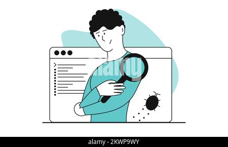 Man looking bug in the code with magnifying glass vector concept illustration. Web software programming and error search in app. Application debugging Stock Vector