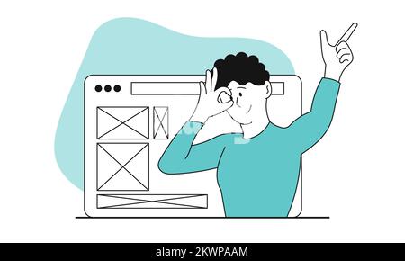 Man developing a website vector illustration concept. Programming digital work and coding design app. Develop interface and engineering web page. Prof Stock Vector