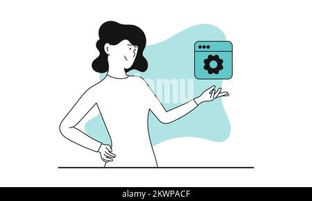 Software development with woman vector illustration concept. Business coding and interface programming. Data network and application develop for marke Stock Vector