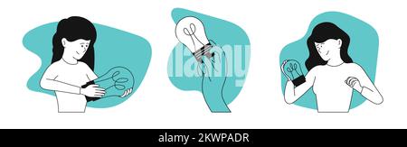 Woman holding light bulb and search business idea vector illustration concept. Creative solution and bright inspiration for businesswoman. Genius inve Stock Vector