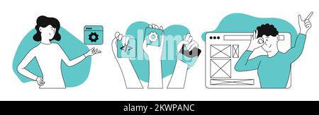 Development team vector illustration concept. Business development and software programming. Application process coding and communication teamwork. Gr Stock Vector