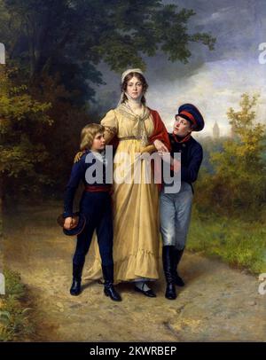 Duchess Louise of Mecklenburg-Strelitz (1776-1810), Queen Consort of Prussia in Luisenwahl Park with her two eldest sons Crown Prince Frederick William IV (1795-1861), and (to her right) Prince William I (1797-1888), later to become German Emperor Wilhelm I, portrait painting in oil on canvas by Carl Steffeck, 1886 Stock Photo