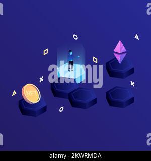 P2E Crypto Games Illustration. Make money playing crypto games. Vector illustration Stock Vector