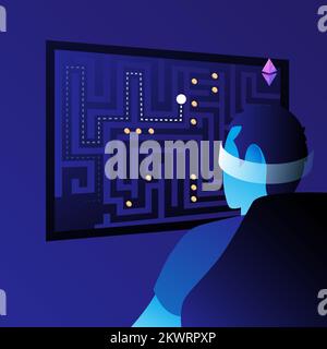 A man playing crypto games. P2E Crypto Games Illustration. . Vector illustration Stock Vector