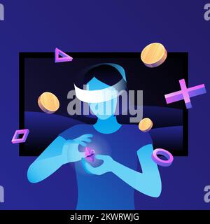 A woman playing crypto games. P2E Crypto Games Illustration. Earn money playing NFT Games. Vector illustration Stock Vector