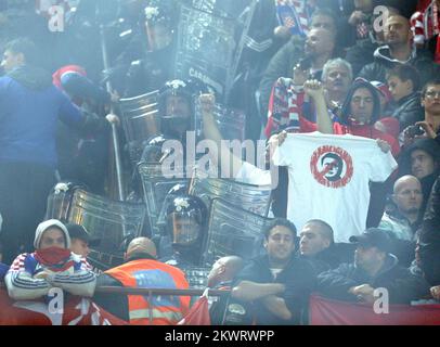 16.11.2014., Stadio Giuseppe Meazza, Milan, Italy - 15th UEFA European Championship, qualifying round, group H, Italy - Croatia. Croatian fan with a T-shirt of  the image of Zdravko Mamic the executive vice president of Dinamo Zagreb. British media in the texts write that Zdravko Mamic is the head of Dynamo Belgrade football club. The news passed in all Croatian media as those two clubs are from different countries and from two different cities.  Photo: Goran Stanzl/PIXSELL Stock Photo