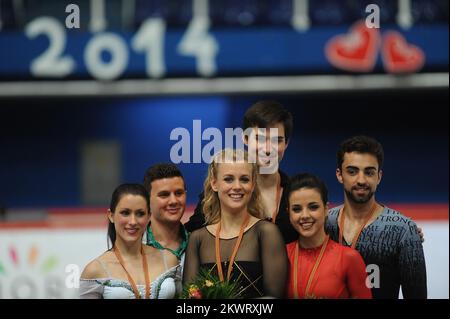 06.12.2014., Zagreb, Croatia - Figure skating competition The Golden Spin. Medal ceremony, pairs,  Charlene Guignard and Marco Fabbri, Madison Hubbell and Zachary Donohue, Sara Hurtado and Adria Diaz.    Photo: Daniel Kasap/PIXSELL Stock Photo