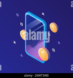 Smartphone with flying coins. P2E Crypto Games Illustration. Play to Earn phone games. Vector illustration Stock Vector