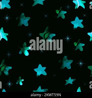 Stars green watercolor beautiful seamless pattern. Great for fabric, apparel ,digital papers on a dark background. Vector illustration Stock Vector