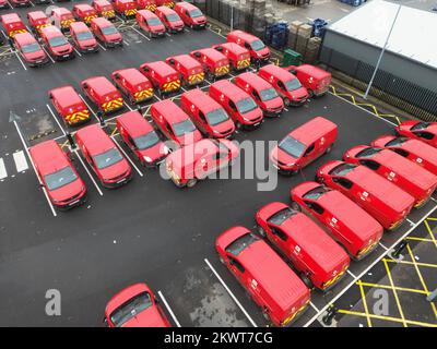 Hereford, Herefordshire, UK - Wed 30th November 2022 - Aerial photo of Royal Mail postal delivery vans all parked up at the Hereford mail sorting office as the CWU ( Communication Workers Union ) workers take strike action today. Photo Steven May / Alamy Live News Stock Photo