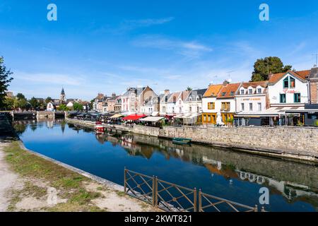 Amiens, France - 12 September, 2022: the canals of the Somme River and the historic old city center of Amiens under a blue sky Stock Photo