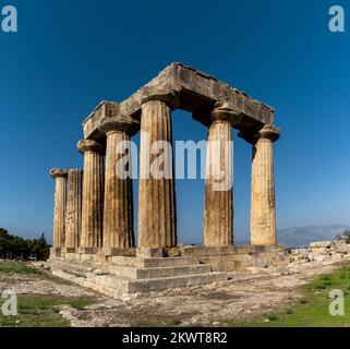 Corinth, Greece - 8 November, 2022: view of the Temple of Apollo in Ancient Corinth in southern Greece Stock Photo