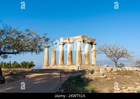 Corinth, Greece - 8 November, 2022: view of the Temple of Apollo in Ancient Corinth in southern Greece Stock Photo