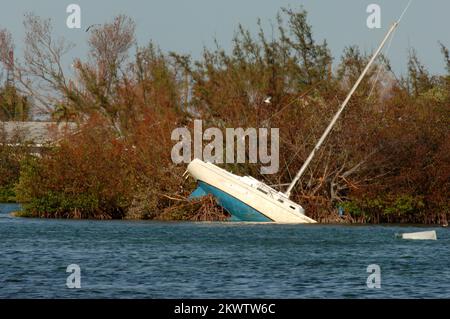Hurricane Wilma,  Key West, FL, November 4, 2005   A sailboat remains partially sunk as a result of damage caused by Hurricane Wilma.. Photographs Relating to Disasters and Emergency Management Programs, Activities, and Officials Stock Photo
