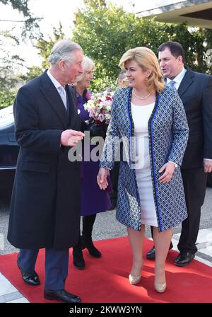 14.03.2016., Zagreb, Croatia - British Crown Prince Charles and his wife Camilla, the Duchess of Cornwall, are visiting Croatia as part of a regional tour that will include Serbia, Montenegro and Kosovo. They are officially welcomed by President Kolinda Grabar-Kitarovic at Presidential Palace.   Stock Photo