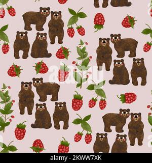 Seamless pattern with cute textured teddy bears and raspberry brunches. Set of funny animals in different poses. Flat illustration on pink background Stock Photo