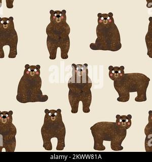 Seamless pattern with cute textured teddy bears. Set of brown funny animals in different poses. Flat illustration on light beige background. Stock Photo