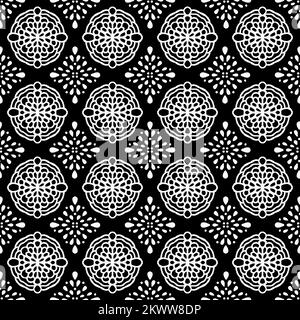 Seamless pattern with white ethnic ornament on black background. Black and white oriental geometric motif design. Stock Photo