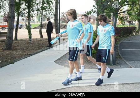 08.06.2016., Deauville, France - Croatia's national football team did a second training at a training playground Parc de Loisirs in Deauville. Tin Jedvaj, Marko Rog, Ante Coric.  Stock Photo