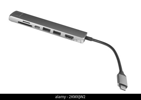 USB Type C adapter hub with hdmi, ethernet, HDMI, USB, SD microSD cables. Converter cables for computers and smartphones isolated on white background Stock Photo